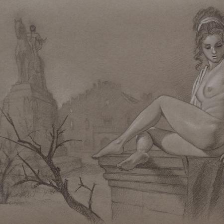 ANCIENT MONUMENTS<br>2019<br>Pencil and white chalk on paper, 10.6 x 15 in.