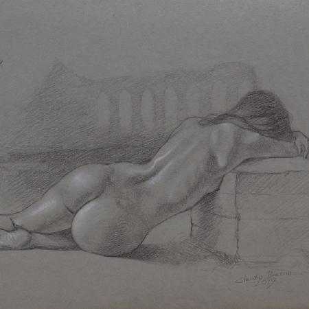 THE TEMPLE<br>2019<br>Pencil and white chalk on paper, 22 x 30 in.