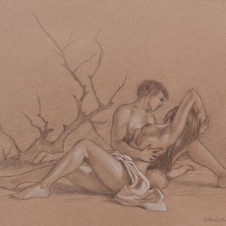 THE HUG<br>2019<br>Pencil and white chalk on paper, 22 x 30 in.