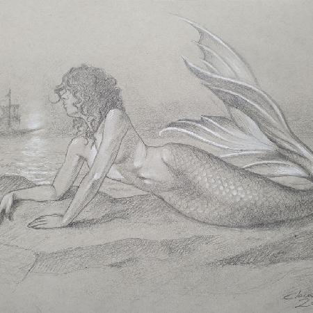 MERMAID<br>2021<br>Pencil and white chalk on paper, 22 x 30 in.