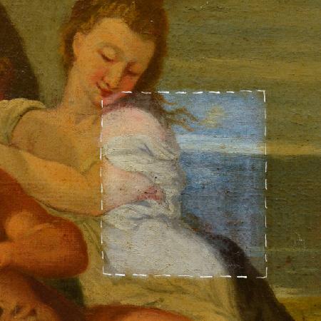 Pulitura di un dipinto ad olio su tela.